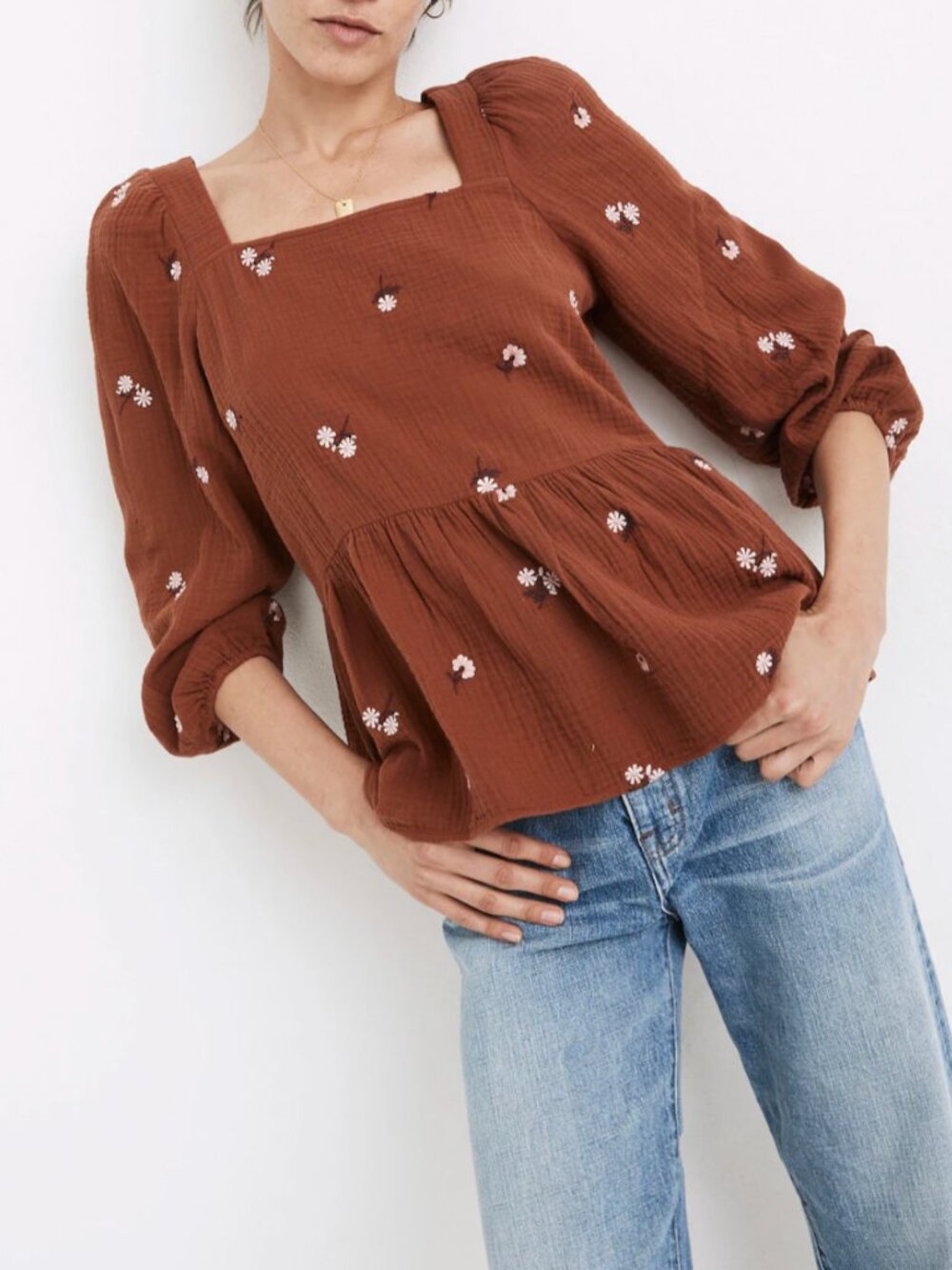 NWT MADEWELL XXS Boho Amie Floral Embroidered Millbrook Puff-Sleeve Peplum Top